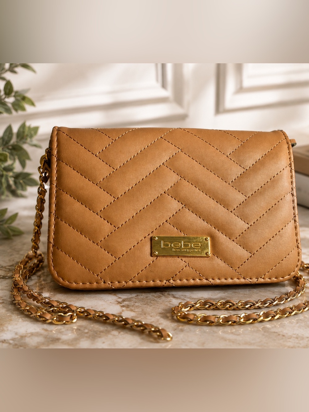 bebe Quilted Tan Crossbody with Gold Plate and Chain
